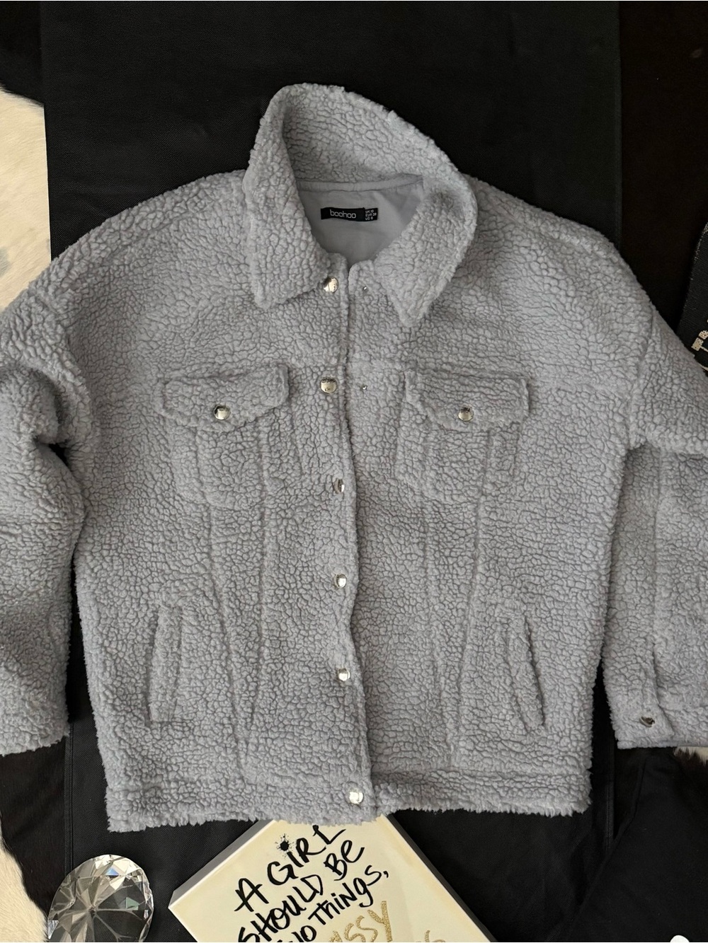 Boohoo Light Gray Teddy Jacket with Snap Buttons